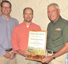 Greg Hagan of the Florida Fish & Wildlife Conservation Commission, (left to right) Dr. Theron M. Terhune of Tall Timbers Research Station and Reggie Thackston of the Georgia Department of Natural Resources accepted the Legacy Landscape designation for the Albany/Red Hills region.